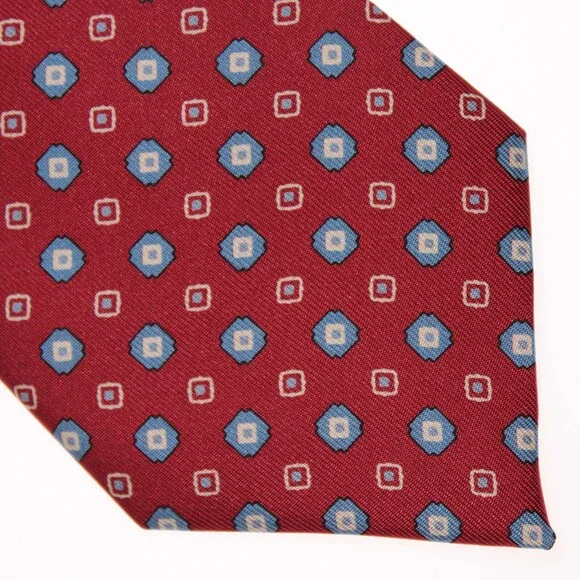 Drake's NWT Neck Tie in Red with Light Blue & White Geometric Pattern 100% Silk
